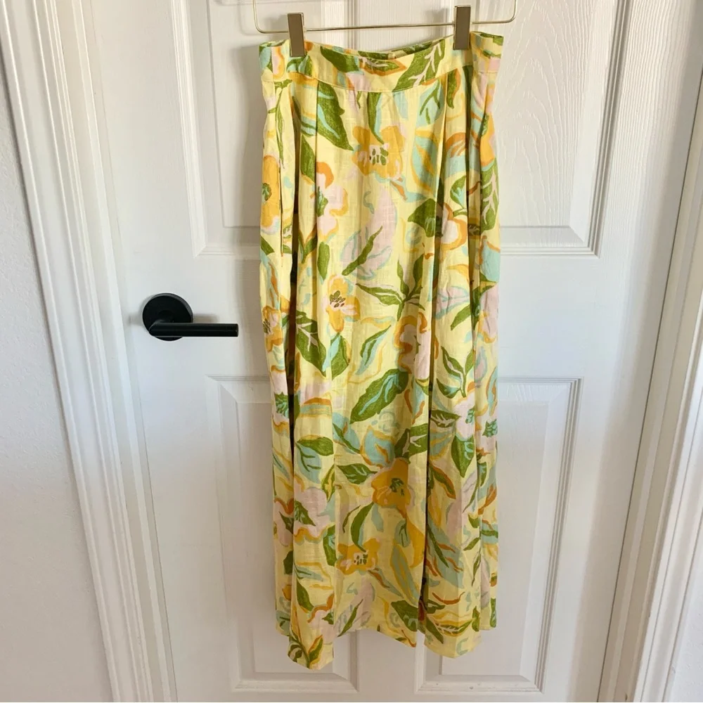🌼 ZARA Printed Linen Crop Top Bustier Neckline Skirt Set Yellow Floral Print XS - Picture 10 of 16